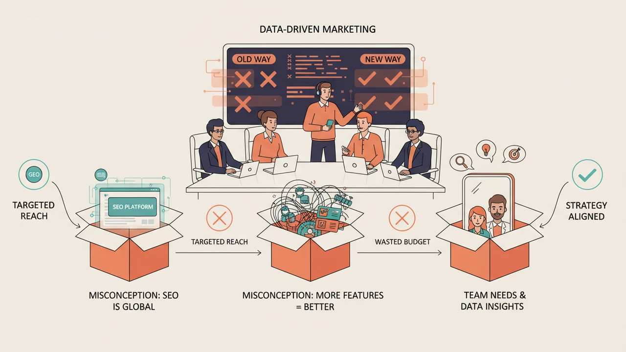 Marketing team discovering common budget-wasting misconceptions about AI marketing tools through physical metaphor boxes